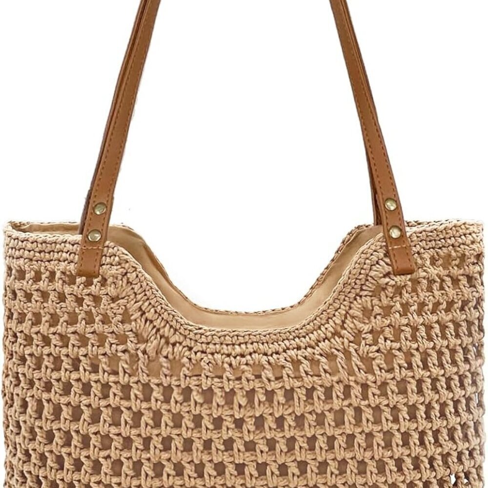 Woven Crochet Tote Bag in Tan